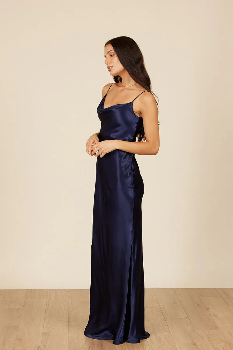 B4084 - Spaghetti Straps Ruched Sheath Satin Long Bridesmaid Dress