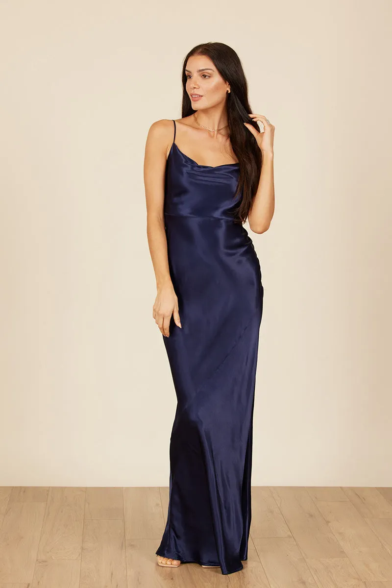 B4084 - Spaghetti Straps Ruched Sheath Satin Long Bridesmaid Dress