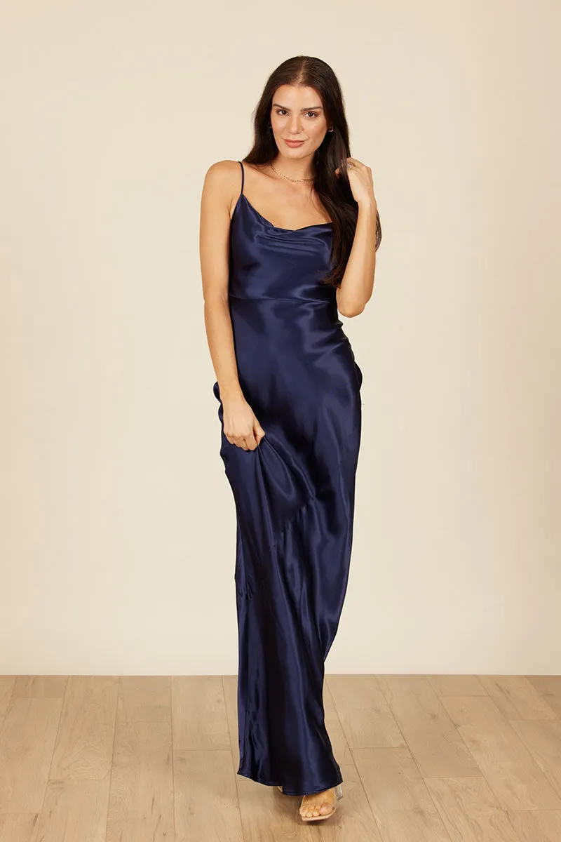 B4084 - Spaghetti Straps Ruched Sheath Satin Long Bridesmaid Dress