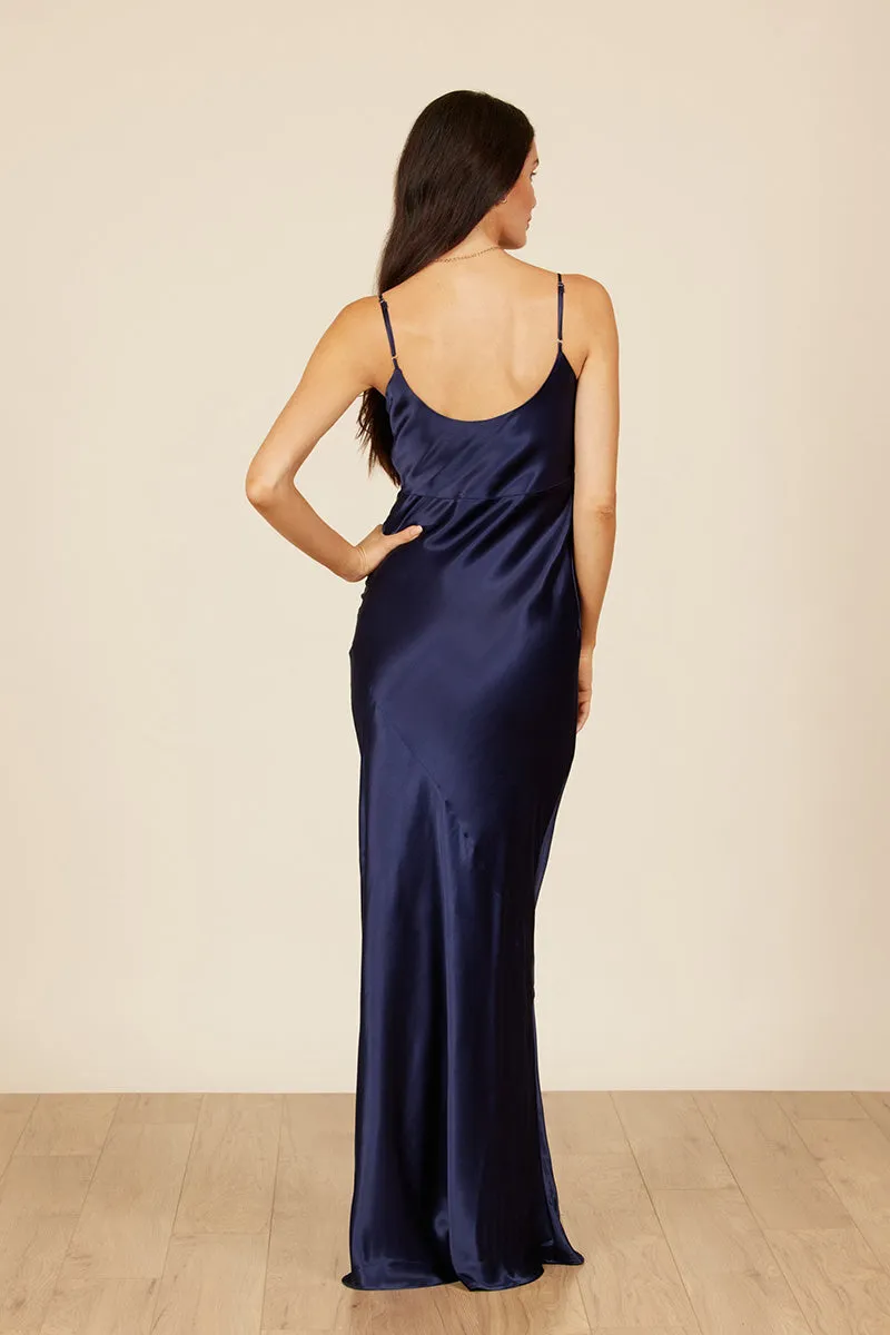 B4084 - Spaghetti Straps Ruched Sheath Satin Long Bridesmaid Dress