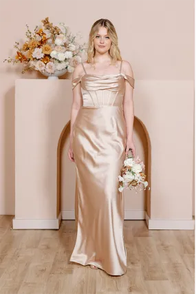 B4151 - Off-Shoulder Ruched Satin Sheath Long Bridesmaid Dress With Slit