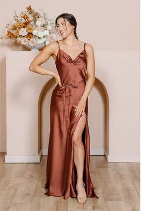 B4159 - V-Neck Spaghetti Straps Satin Sheath Long Bridesmaid Dress With Slit