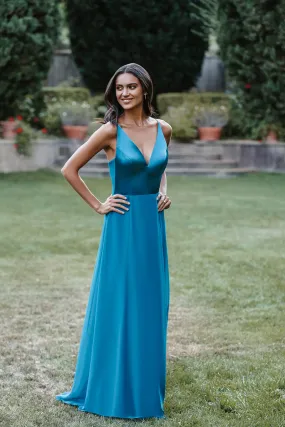 B4161 - V-Neck Spaghetti Straps Sleeveless Satin A-Line Long Bridesmaid Dress