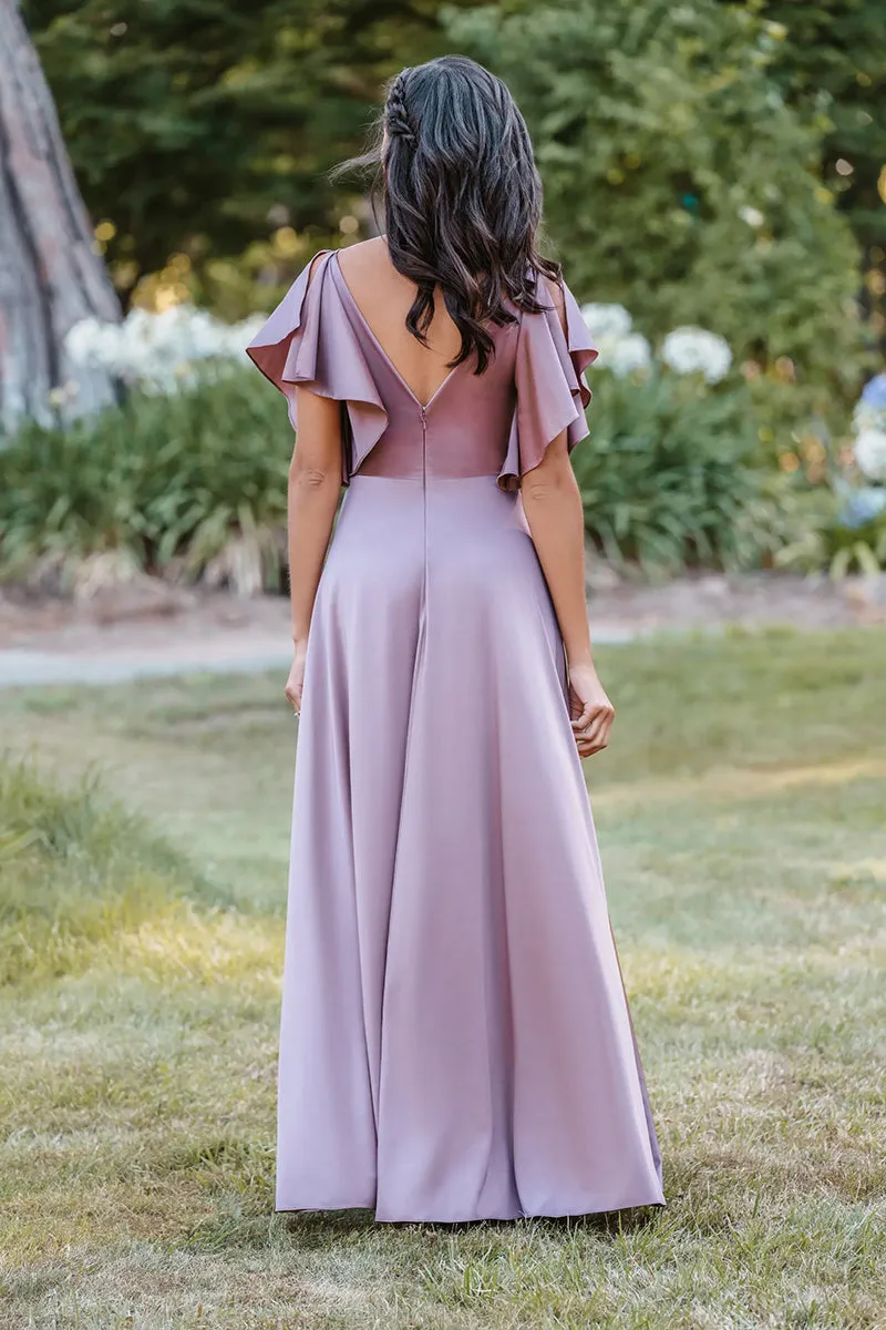 B4171 - V-Neck Ruched Cap Sleeves Satin A-Line Long Bridesmaid Dress