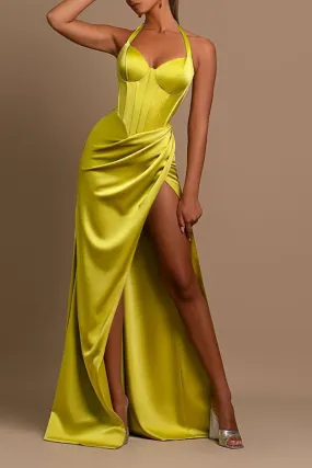 B4182 - Sweetheart Halter Ruched Satin Sheath Long Bridesmaid Dress With Slit