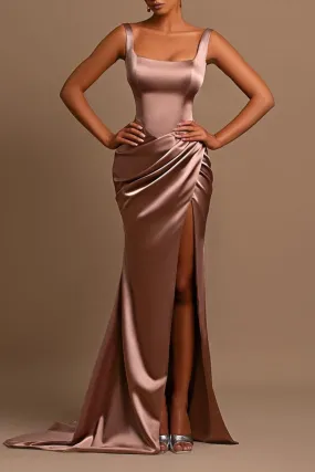 B4185 - Square Neck Sleeveless Ruched Satin Sheath Bridesmaid Dress With Slit