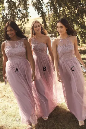 B4297 - Mismatched Lace Appliqued Tulle A-Line Long Bridesmaid Dress