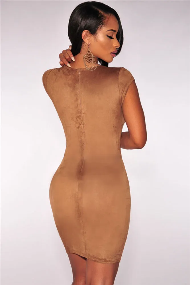 Beige Crisscross Suede Mini Dress