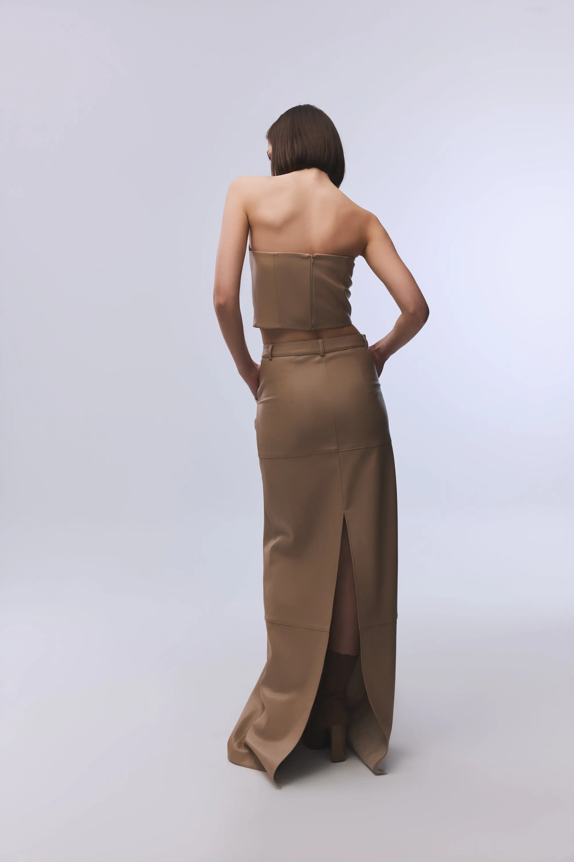 BEIGE VEGAN LEATHER MAXI SKIRT WITH SLIT DETAIL