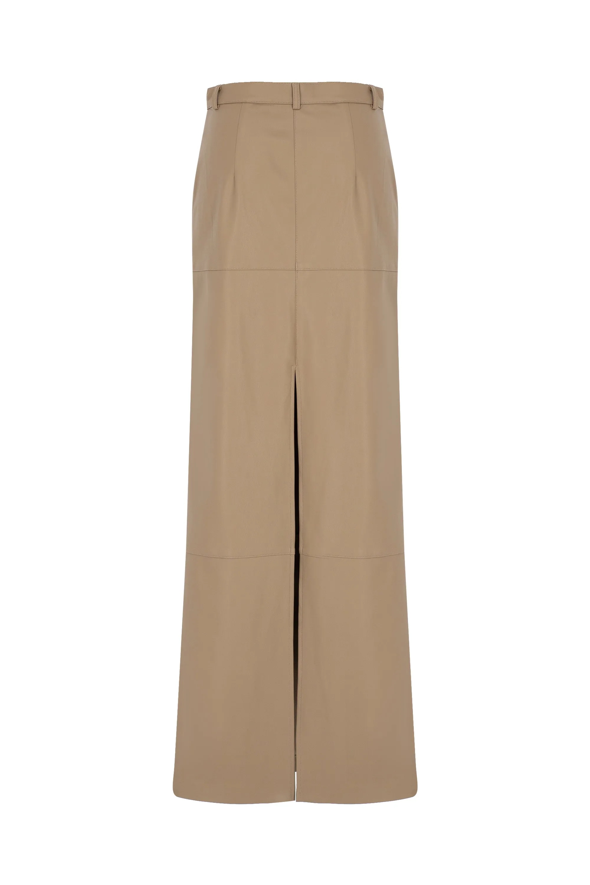 BEIGE VEGAN LEATHER MAXI SKIRT WITH SLIT DETAIL