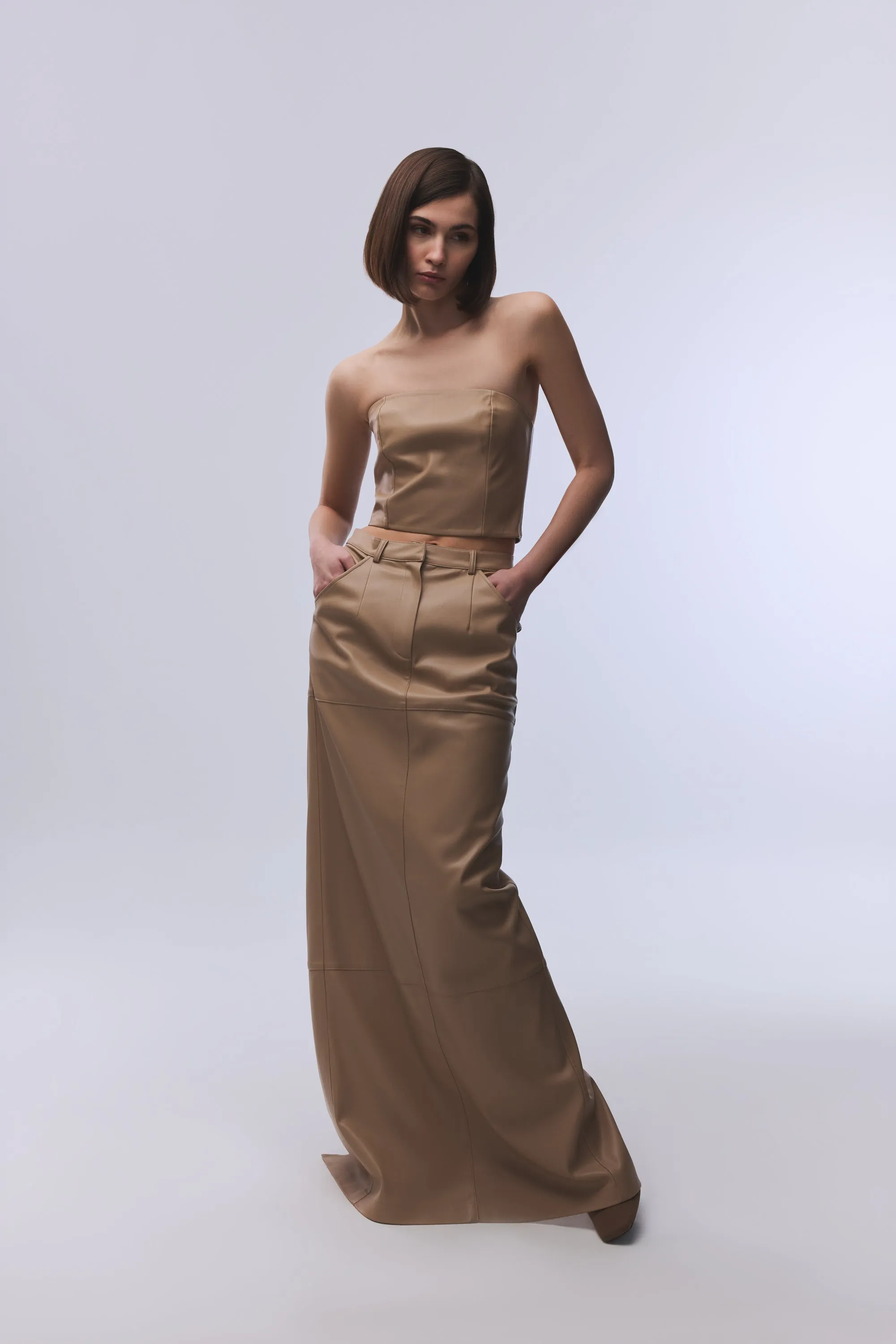 BEIGE VEGAN LEATHER MAXI SKIRT WITH SLIT DETAIL