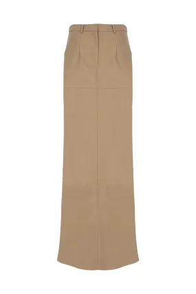 BEIGE VEGAN LEATHER MAXI SKIRT WITH SLIT DETAIL