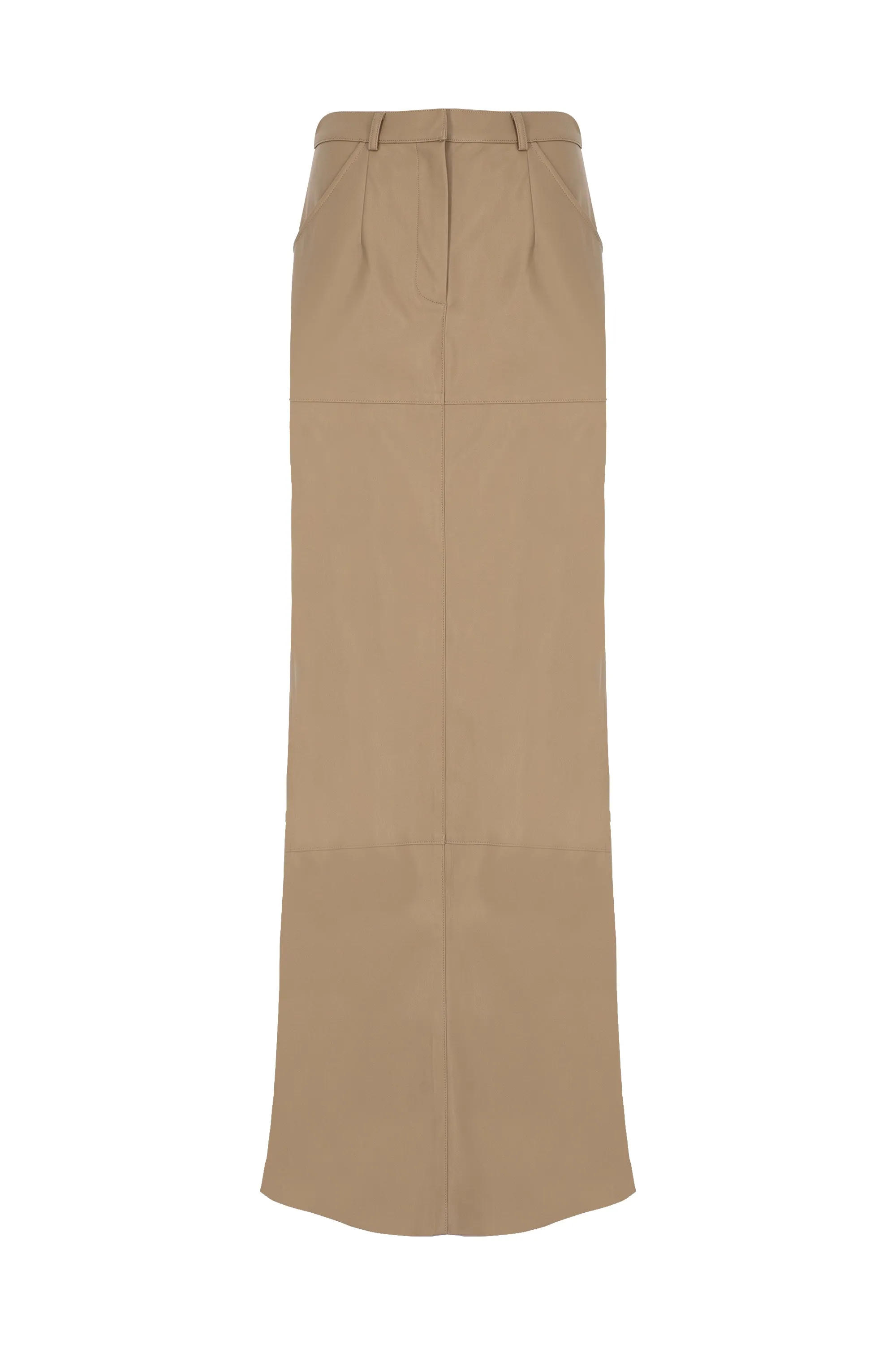 BEIGE VEGAN LEATHER MAXI SKIRT WITH SLIT DETAIL