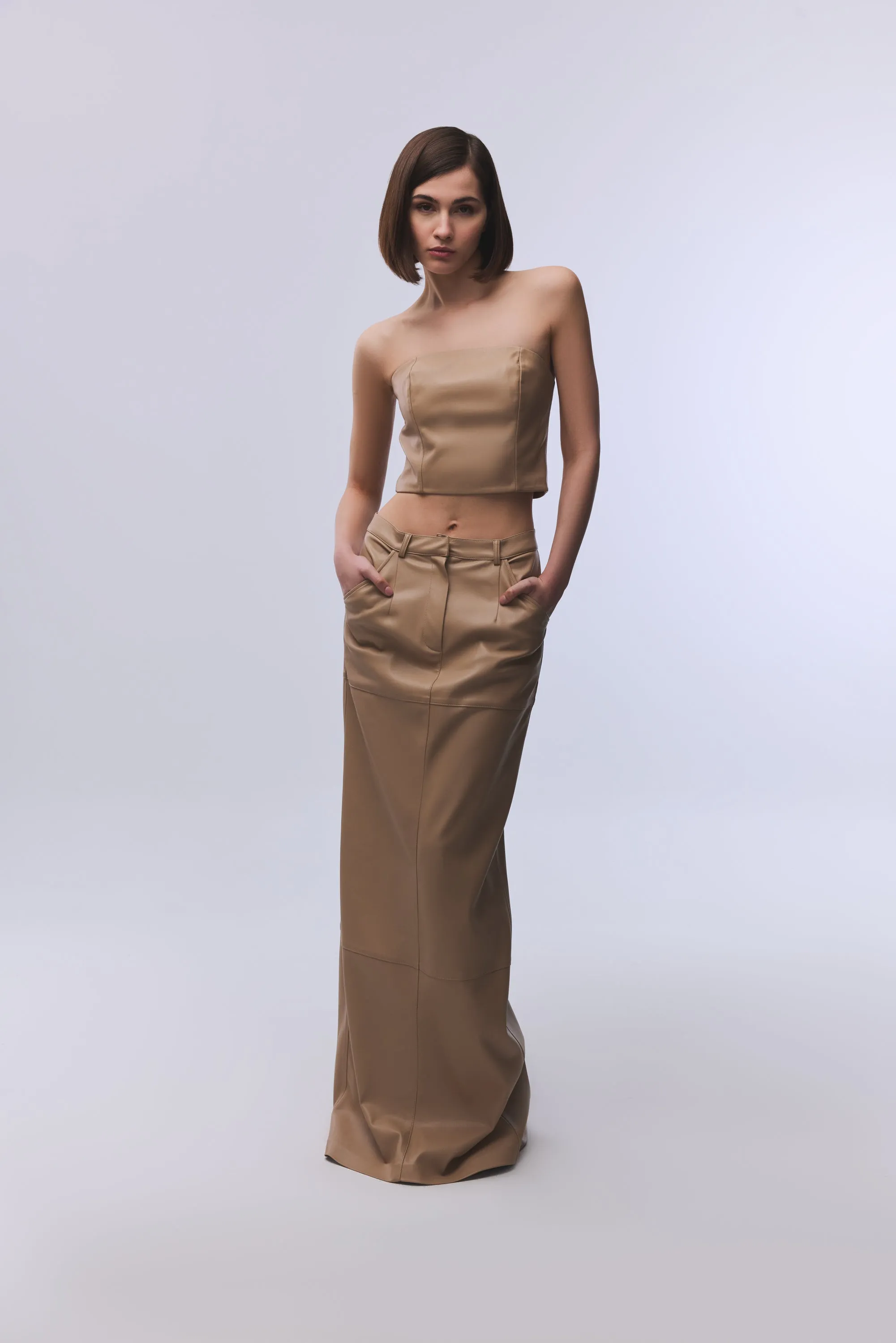 BEIGE VEGAN LEATHER MAXI SKIRT WITH SLIT DETAIL