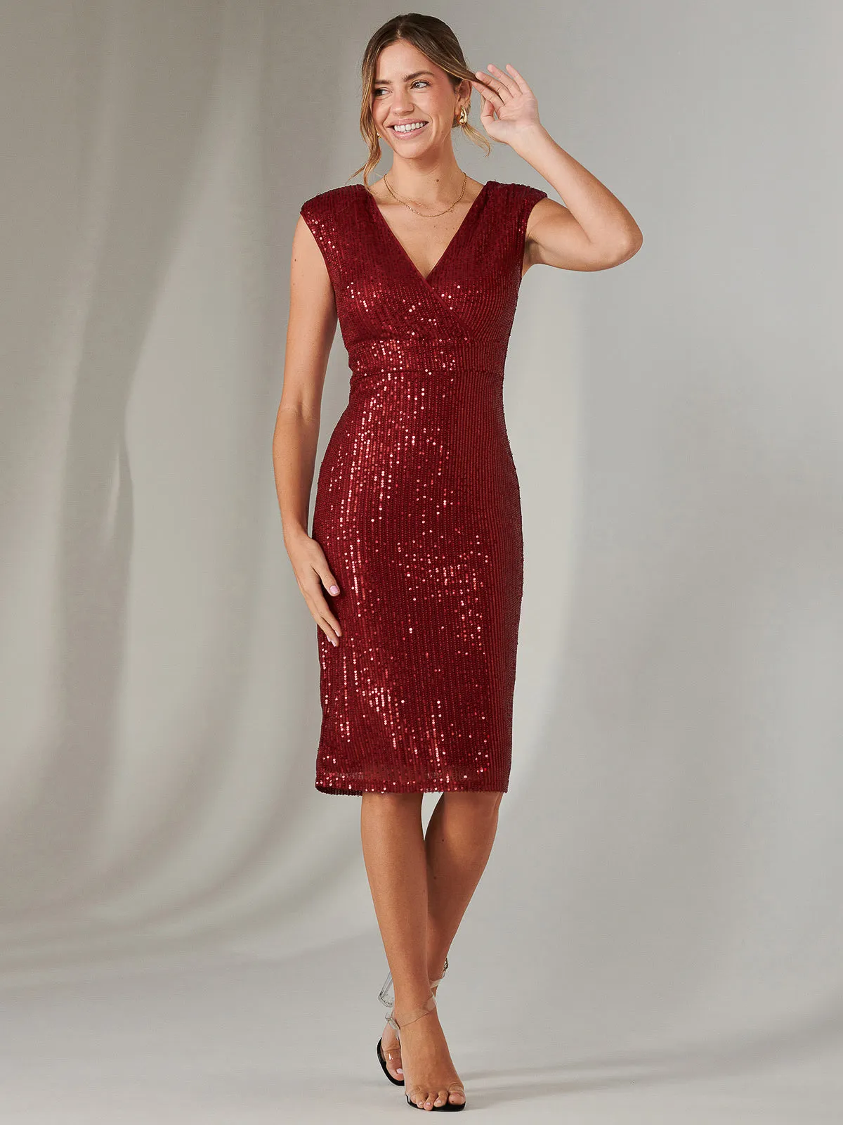 Bennett Sequin Bodycon Midi Dress, Dark Red