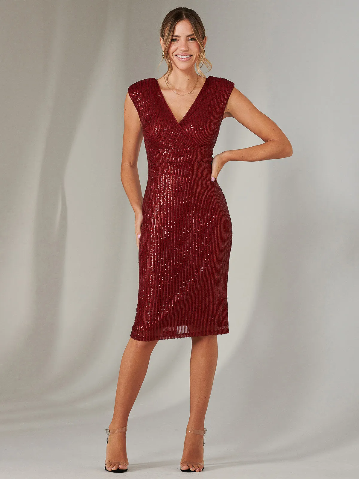 Bennett Sequin Bodycon Midi Dress, Dark Red