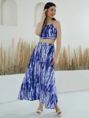 Berrylush Women Blue & White Tie-Dye Printed Halter Neck Backless Crop Top & Thigh-High Slit Maxi Skirt Co-Ordinate Set