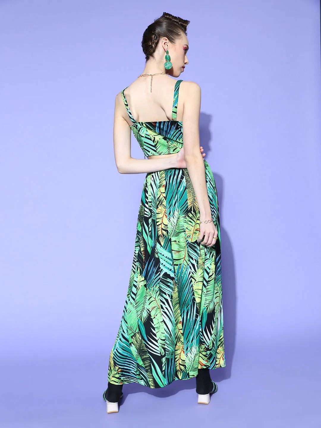 Berrylush Women Green & Yellow Floral Printed Sweetheart Neck Thigh-High Slit A-Line Maxi Co-Ordinate Set