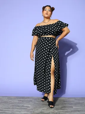 Berrylush Women Plus Size Black & White Polka Dot Printed Off-Shoulder Neck Crop Top & Thigh-High Slit Maxi Skirt Co-Ord Set