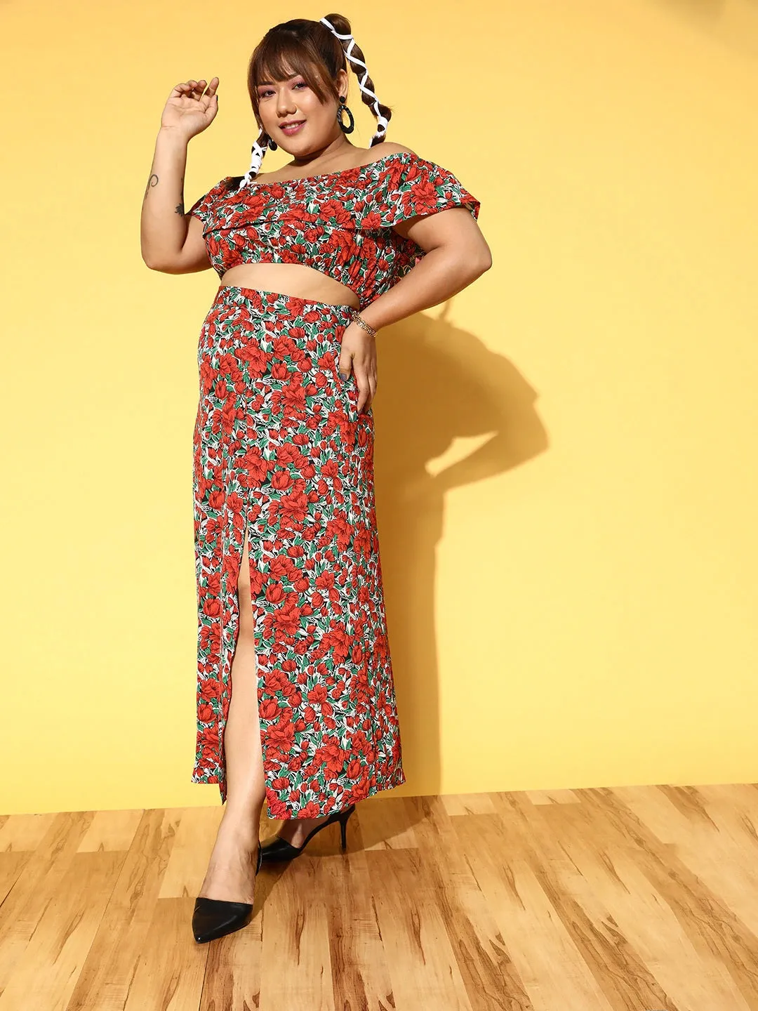 Berrylush Women Plus Size Red Floral Printed Off-Shoulder Neck Thigh-High Slit Maxi Co-Ordinate Set