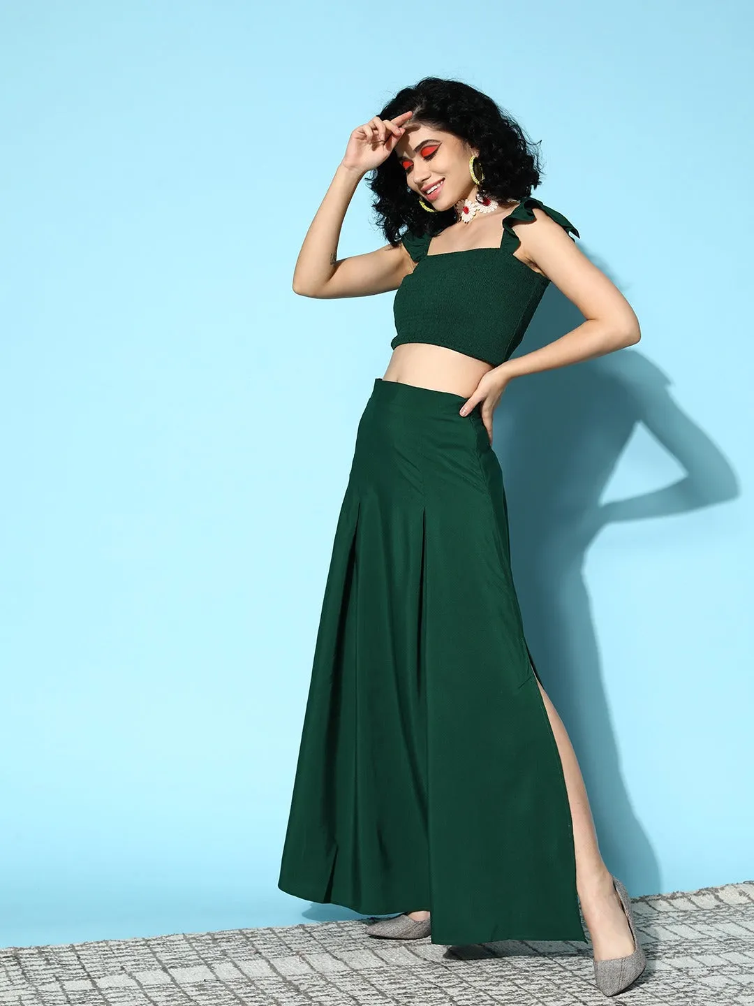 Berrylush Women Solid Green Square Neck Smocked Crop Top & Thigh-High Slit Maxi Skirt Co-Ord Dress