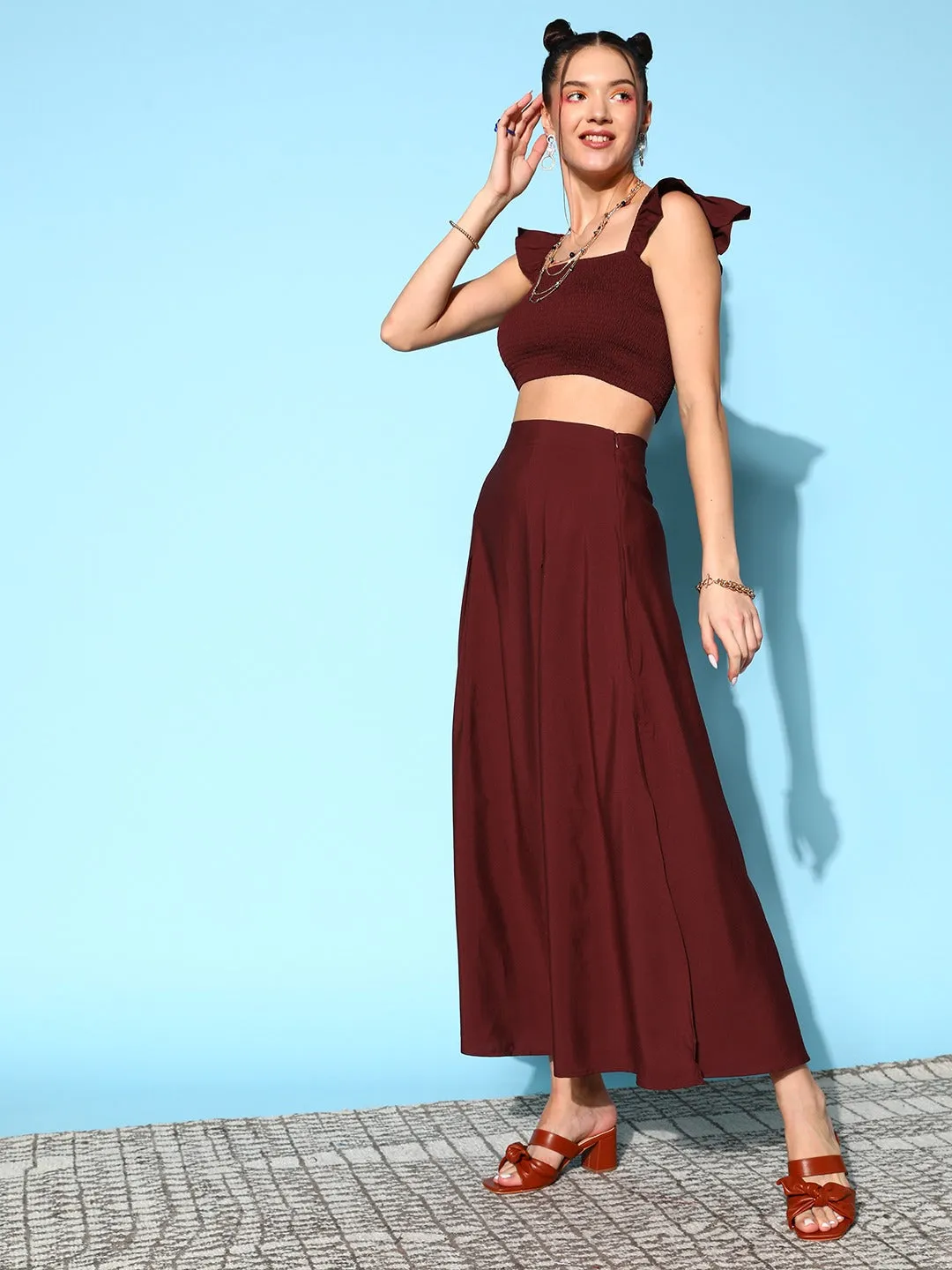 Berrylush Women Solid Maroon Square Neck Smocked Crop Top & Thigh-High Slit Maxi Skirt Co-Ord Dress