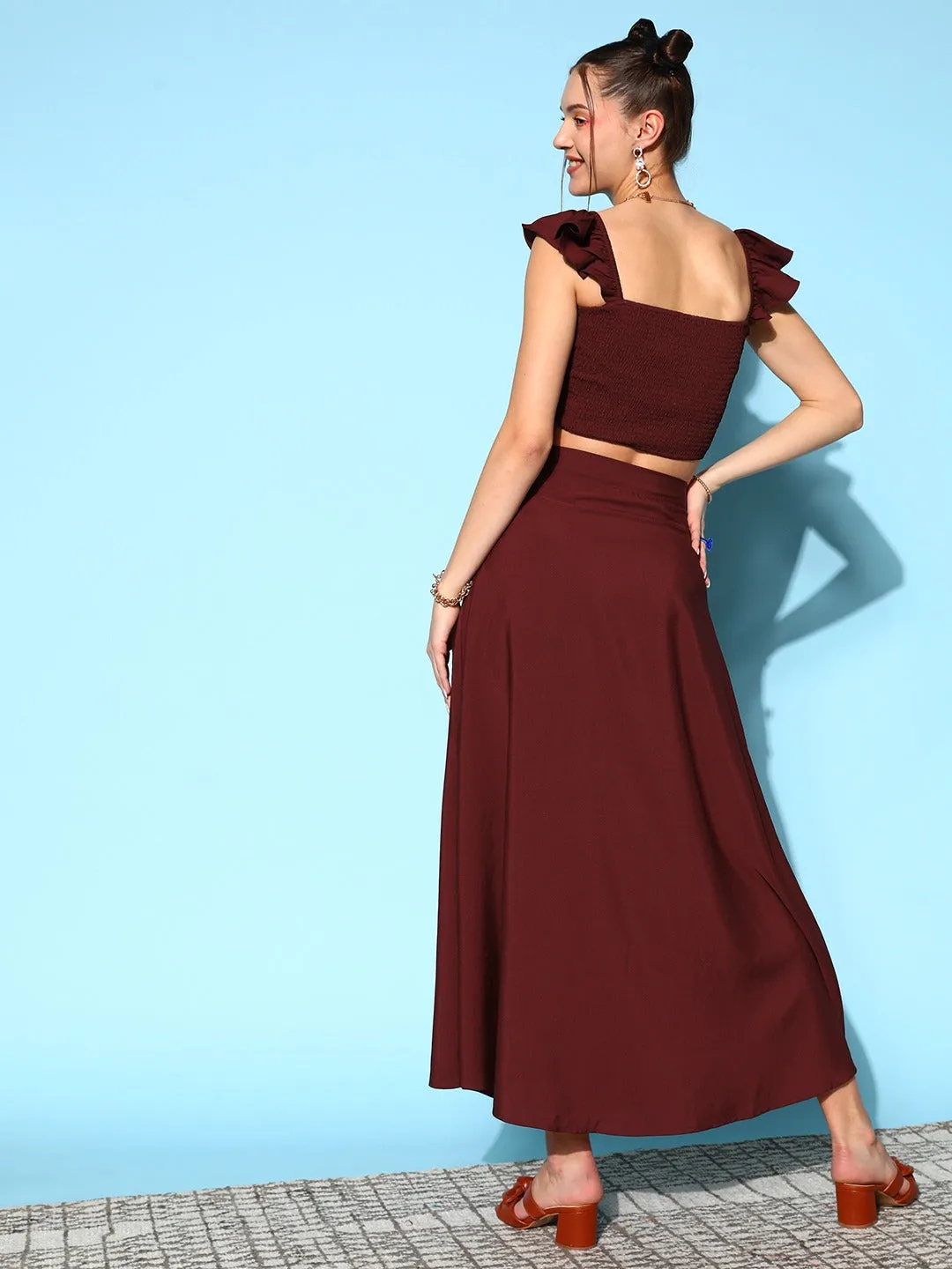 Berrylush Women Solid Maroon Square Neck Smocked Crop Top & Thigh-High Slit Maxi Skirt Co-Ord Dress