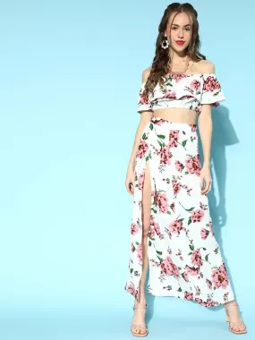 Berrylush Women White & Pink Floral Printed Off-Shoulder Neck Thigh-High Slit Ruffled Co-Ordinate Set