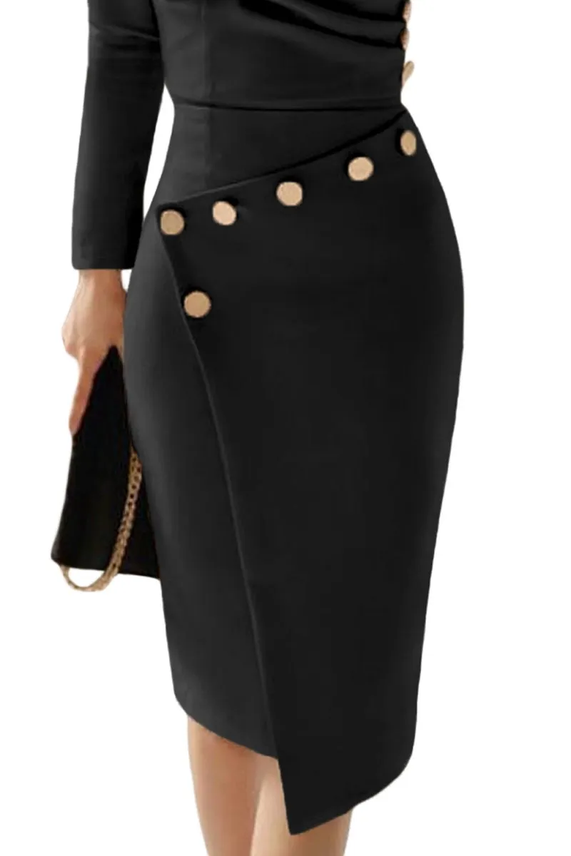 Black Asymmetric Button Long Sleeves Dress