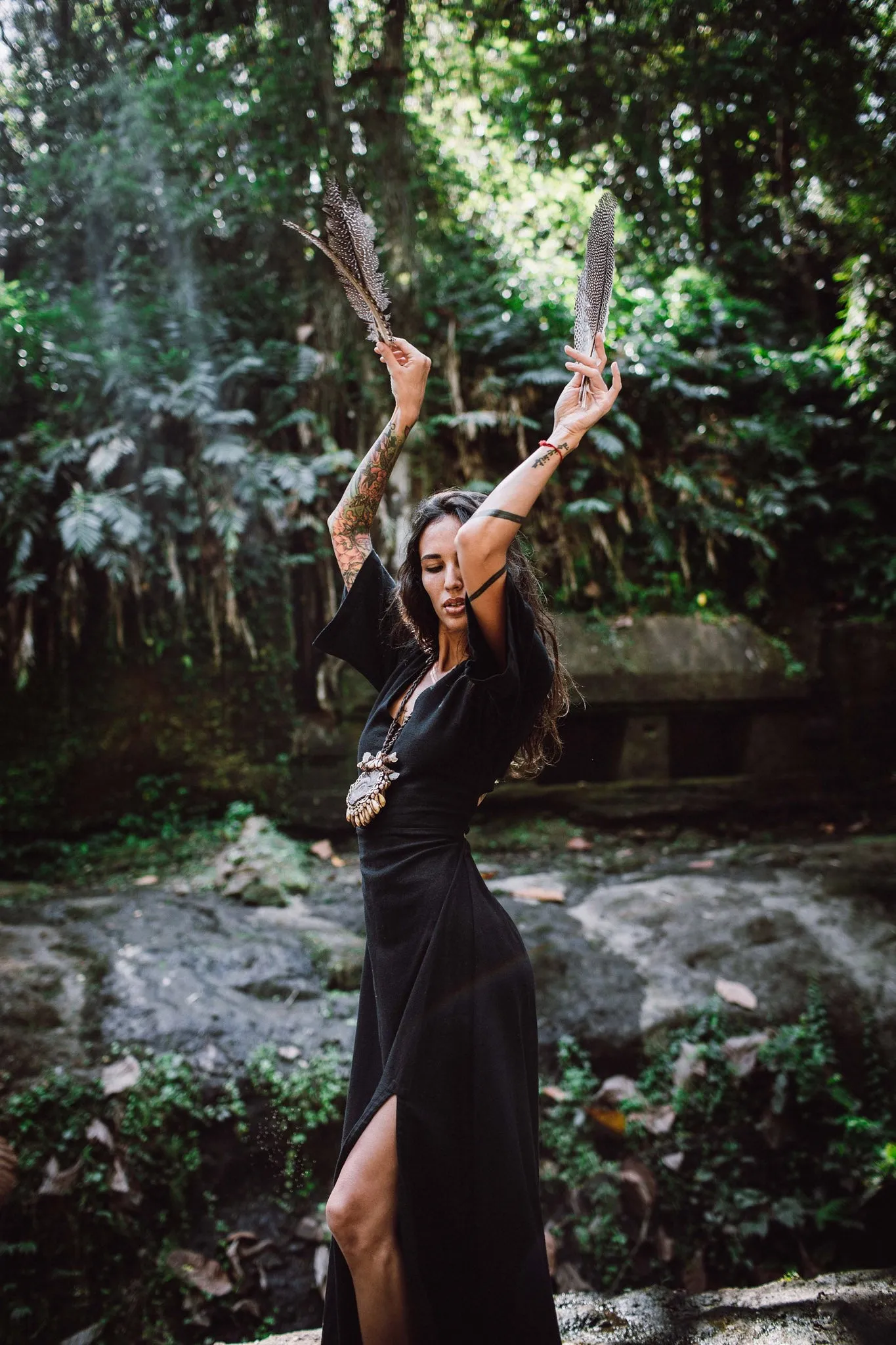 Black Boho Dress with Open Back • Organic Cotton Dress