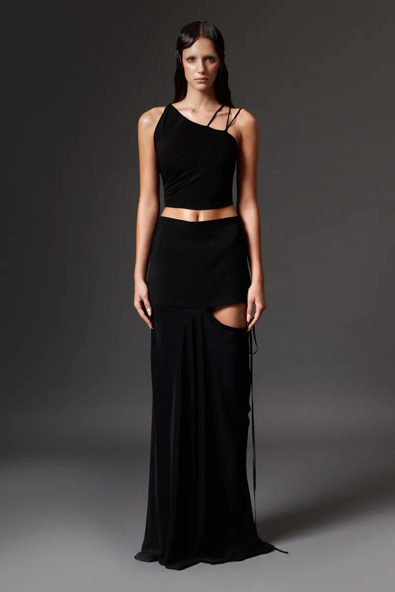 BLACK CUT-OUT LONG SKIRT