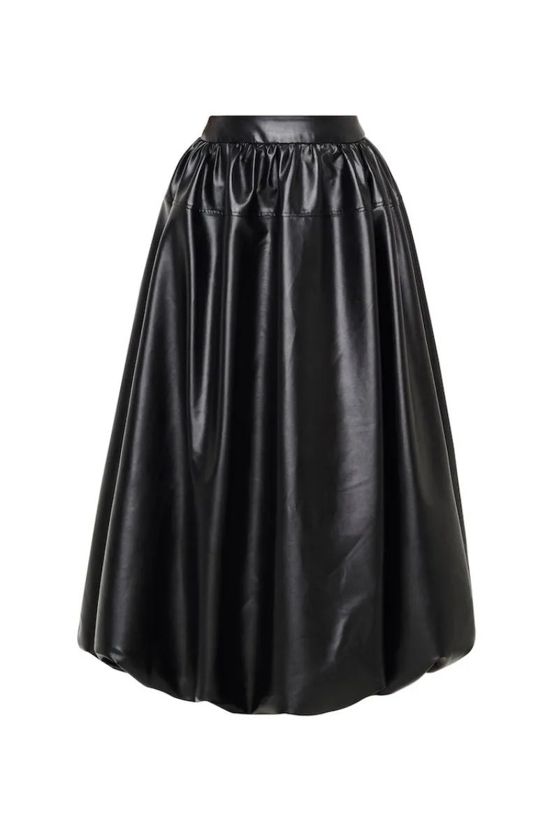 BLACK LEATHER PUFFBALL MAXI SKIRT