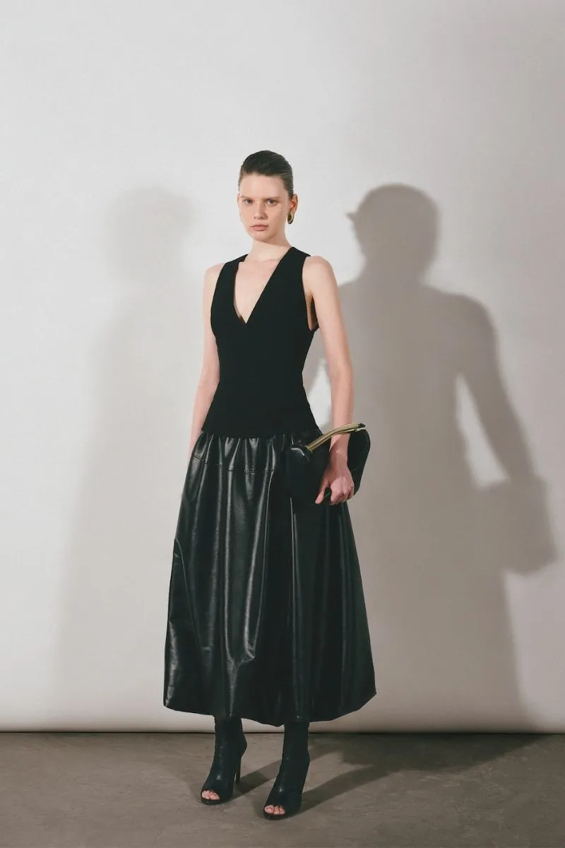 BLACK LEATHER PUFFBALL MAXI SKIRT