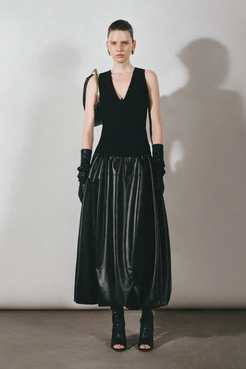 BLACK LEATHER PUFFBALL MAXI SKIRT