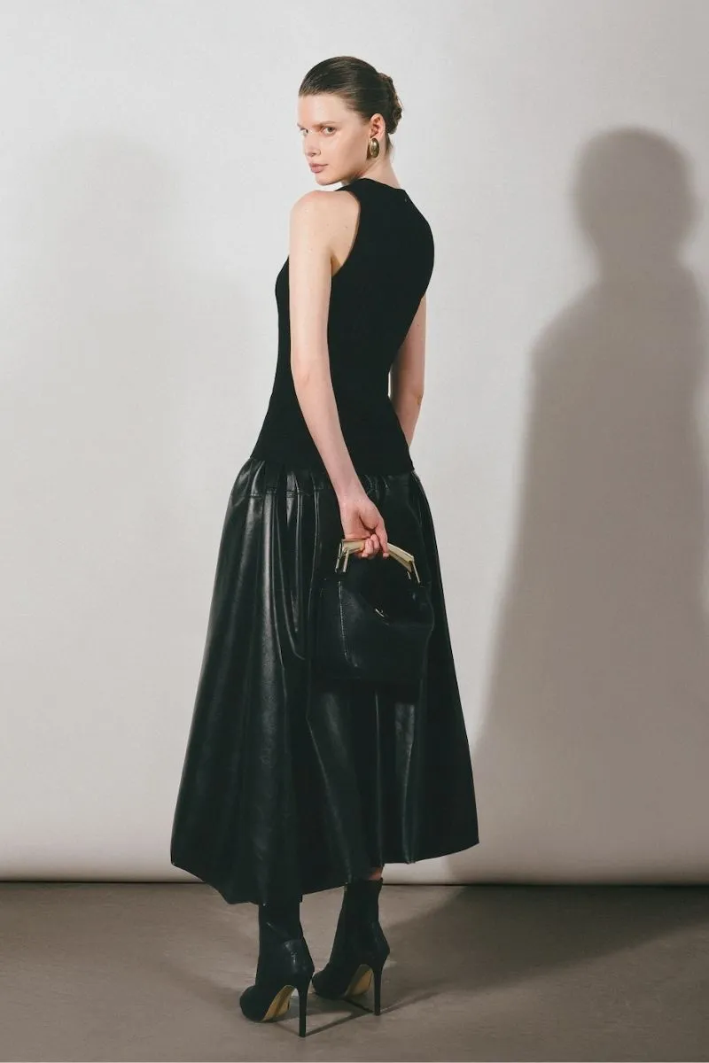 BLACK LEATHER PUFFBALL MAXI SKIRT