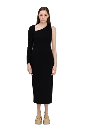 Black One Sleeve Asymmetric Neck Bodycon Evening Minimalist Midi Dress