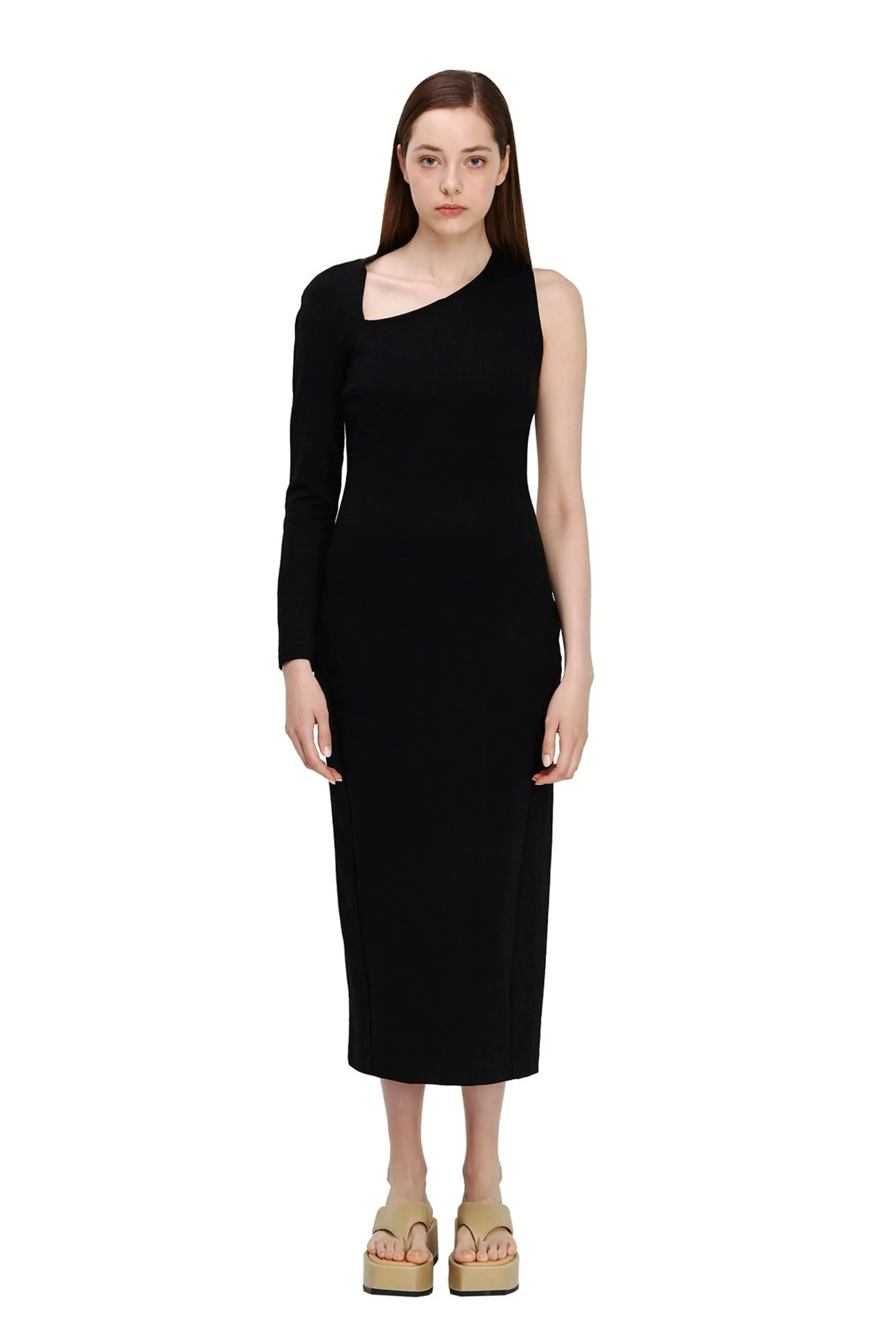 Black One Sleeve Asymmetric Neck Bodycon Evening Minimalist Midi Dress