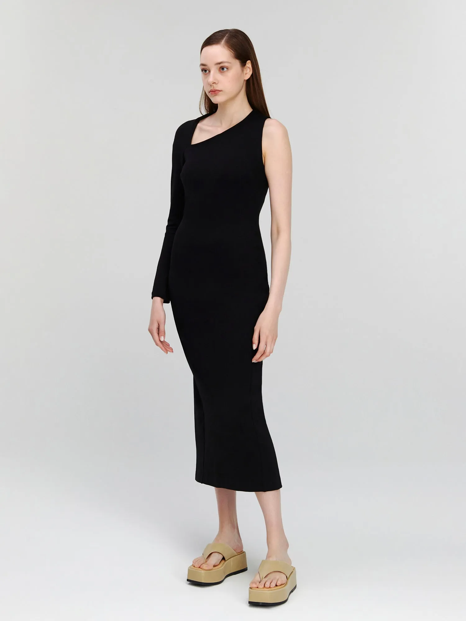 Black One Sleeve Asymmetric Neck Bodycon Evening Minimalist Midi Dress