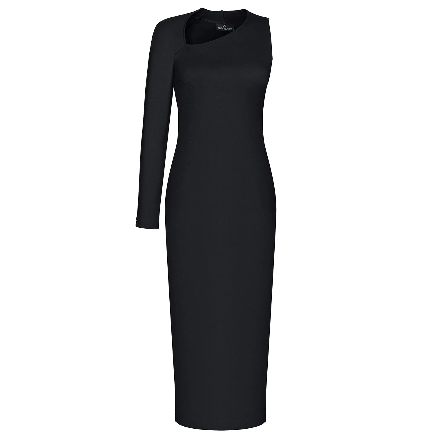 Black One Sleeve Asymmetric Neck Bodycon Evening Minimalist Midi Dress