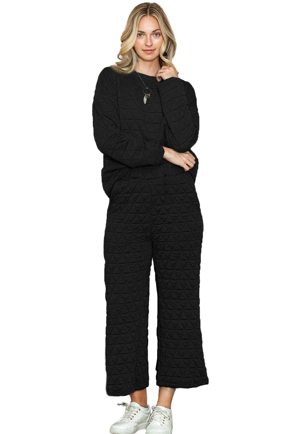 Black Solid Color Quilted Long Sleeve Top and Wide Leg Pants Set