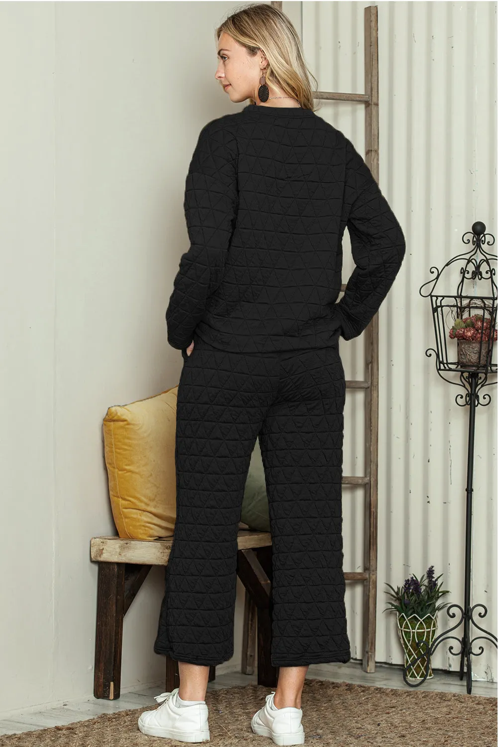 Black Solid Color Quilted Long Sleeve Top and Wide Leg Pants Set