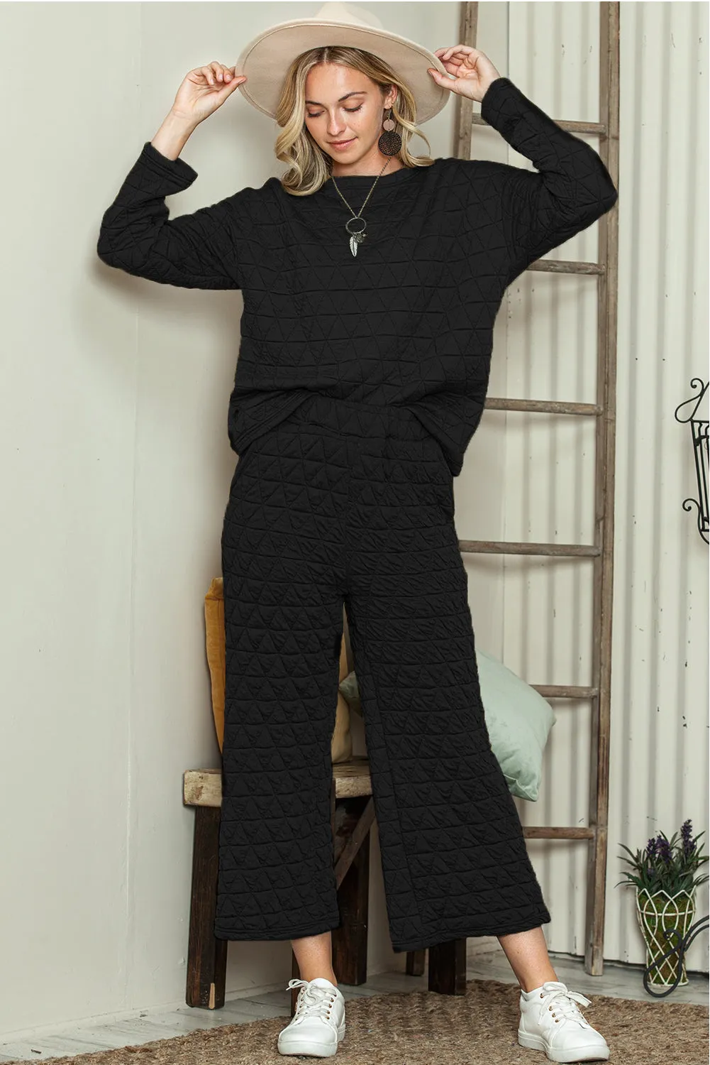 Black Solid Color Quilted Long Sleeve Top and Wide Leg Pants Set