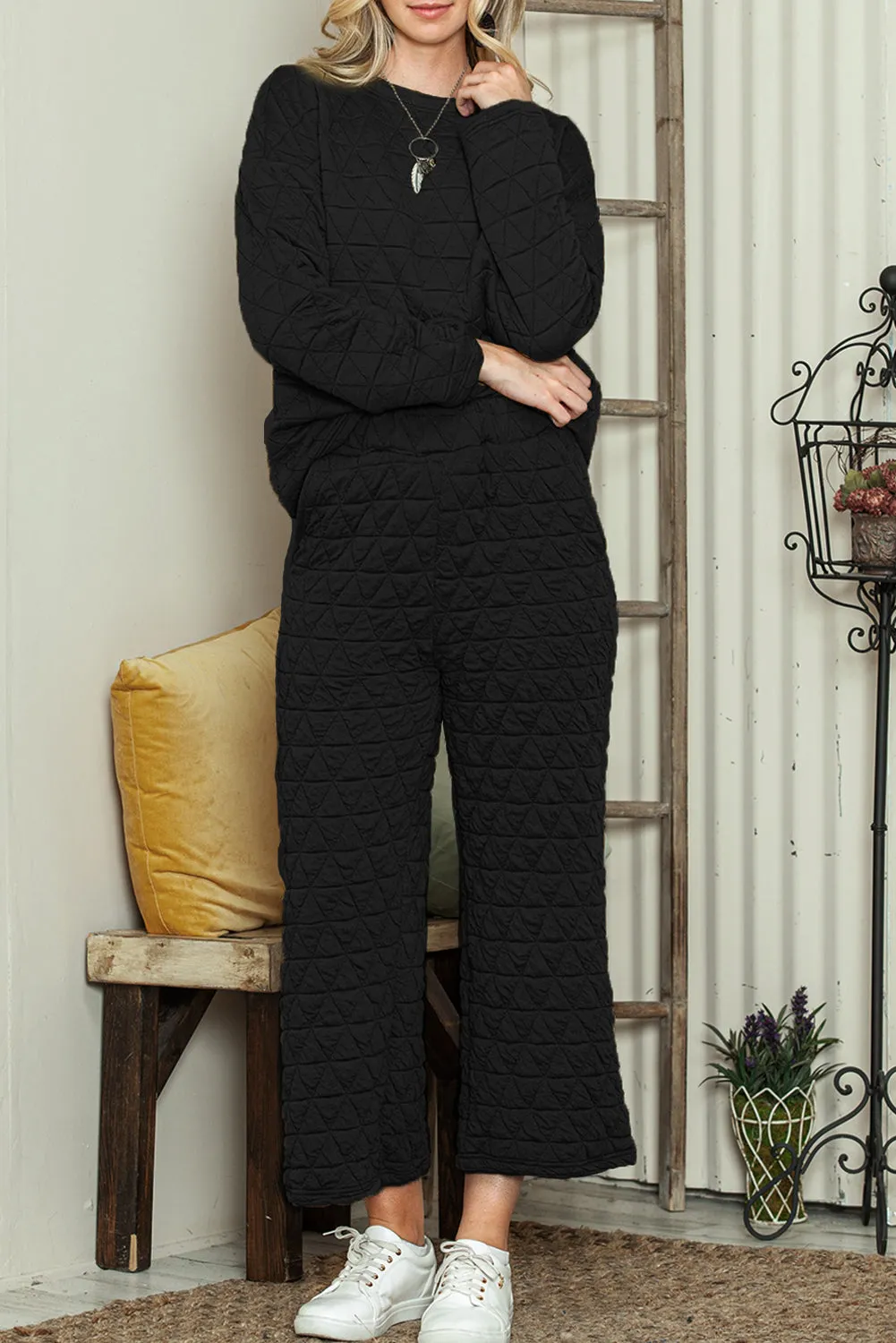 Black Solid Color Quilted Long Sleeve Top and Wide Leg Pants Set