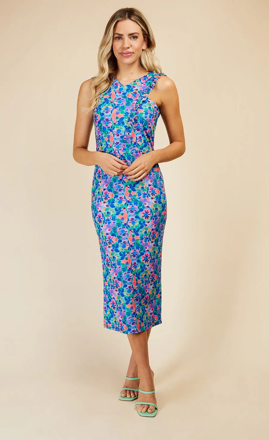 Blue Floral Print Crossover Neckline Midi Dress