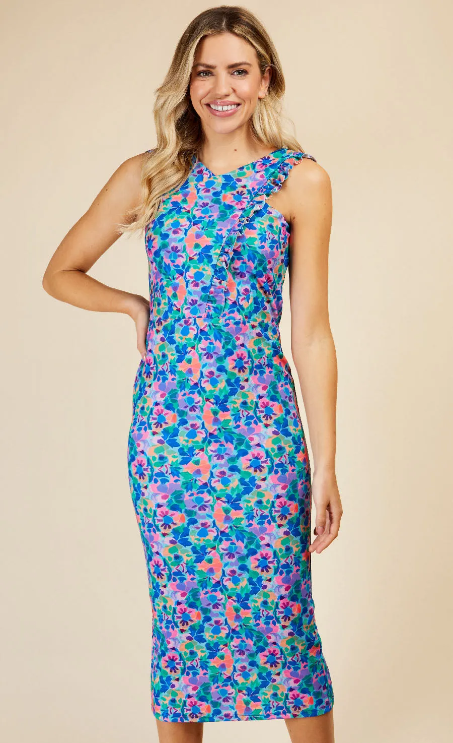 Blue Floral Print Crossover Neckline Midi Dress