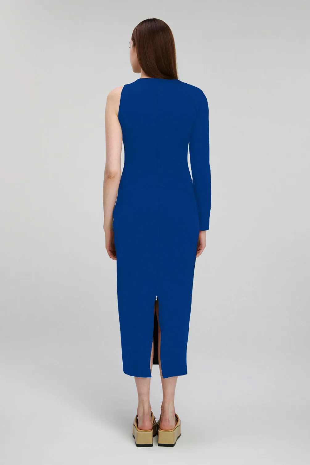 Blue One Sleeve Asymmetric Neck Bodycon Evening Minimalist Midi Dress