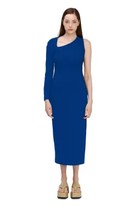 Blue One Sleeve Asymmetric Neck Bodycon Evening Minimalist Midi Dress