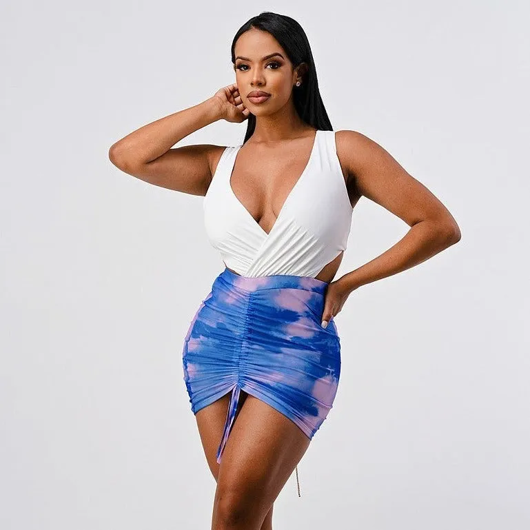 Blue Pink And White Criss Cross Bodycon Tie Dye Mini Dress