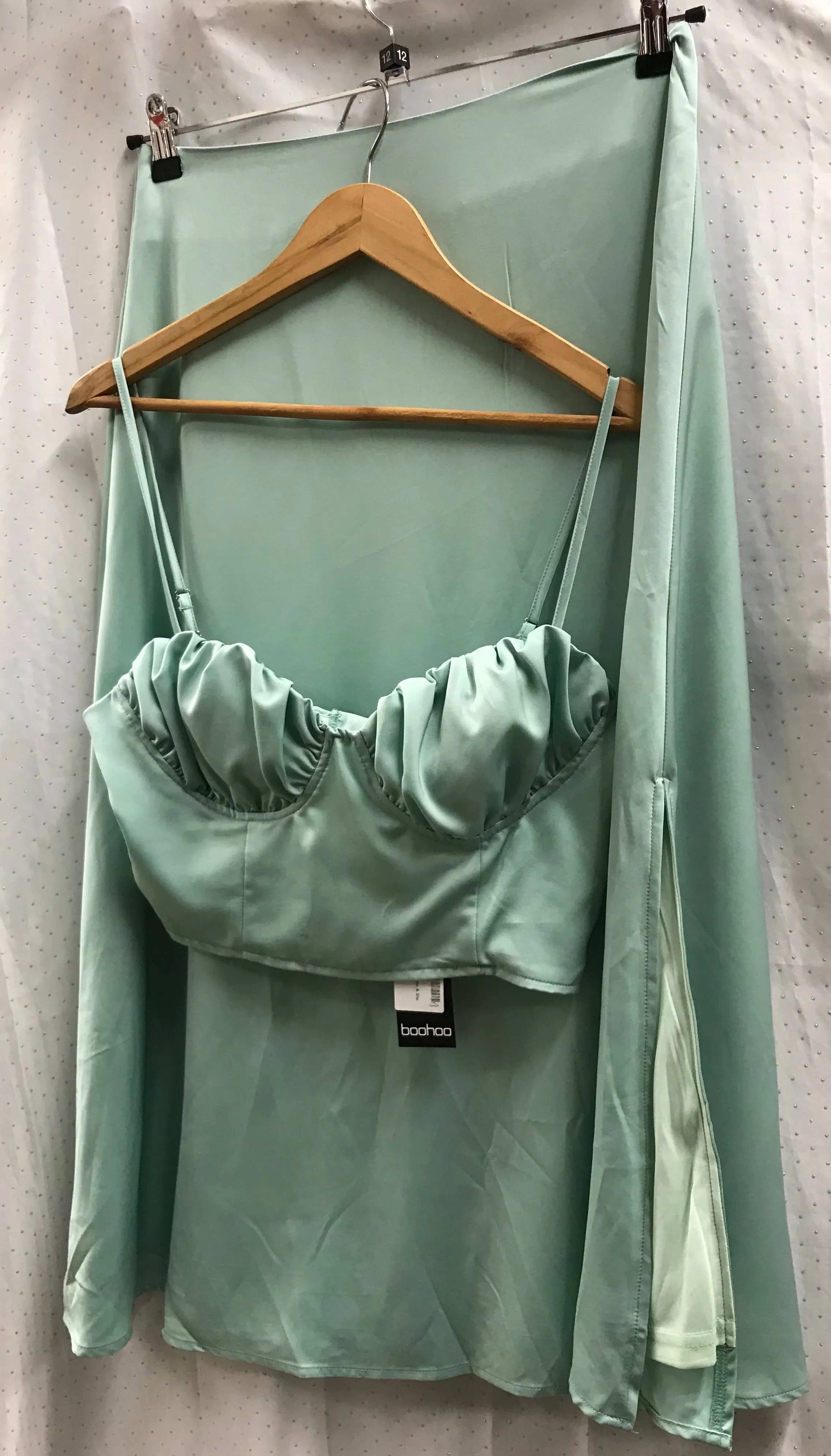 BNWT Boohoo Satin Ruched Bralette and Slip Skirt in Mint Green