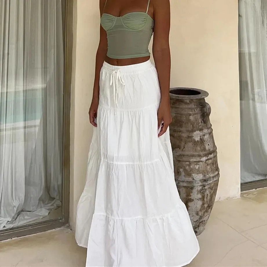 Boho Ruffle Elastic High Waist Maxi Tiered Prairie Skirt